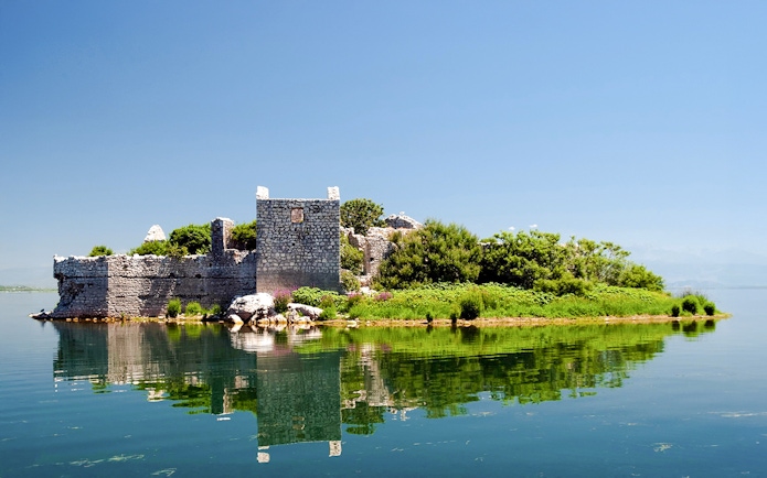 Grmozur Island with stone ruins on Lake Skadar, Montenegro.