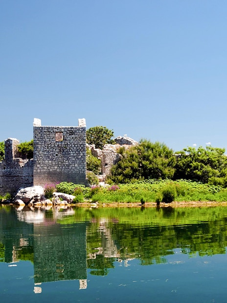 Grmozur Island with stone ruins on Lake Skadar, Montenegro.