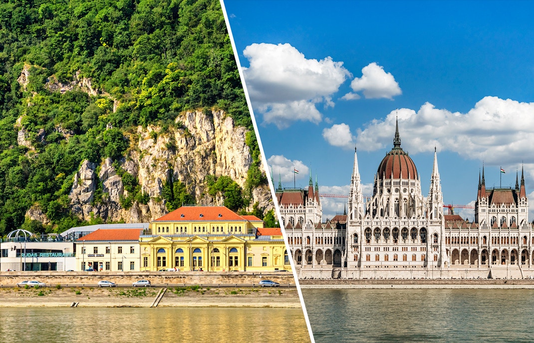 Hungarian Parliament Building and Rudas Bath in Budapest with Danube River view.