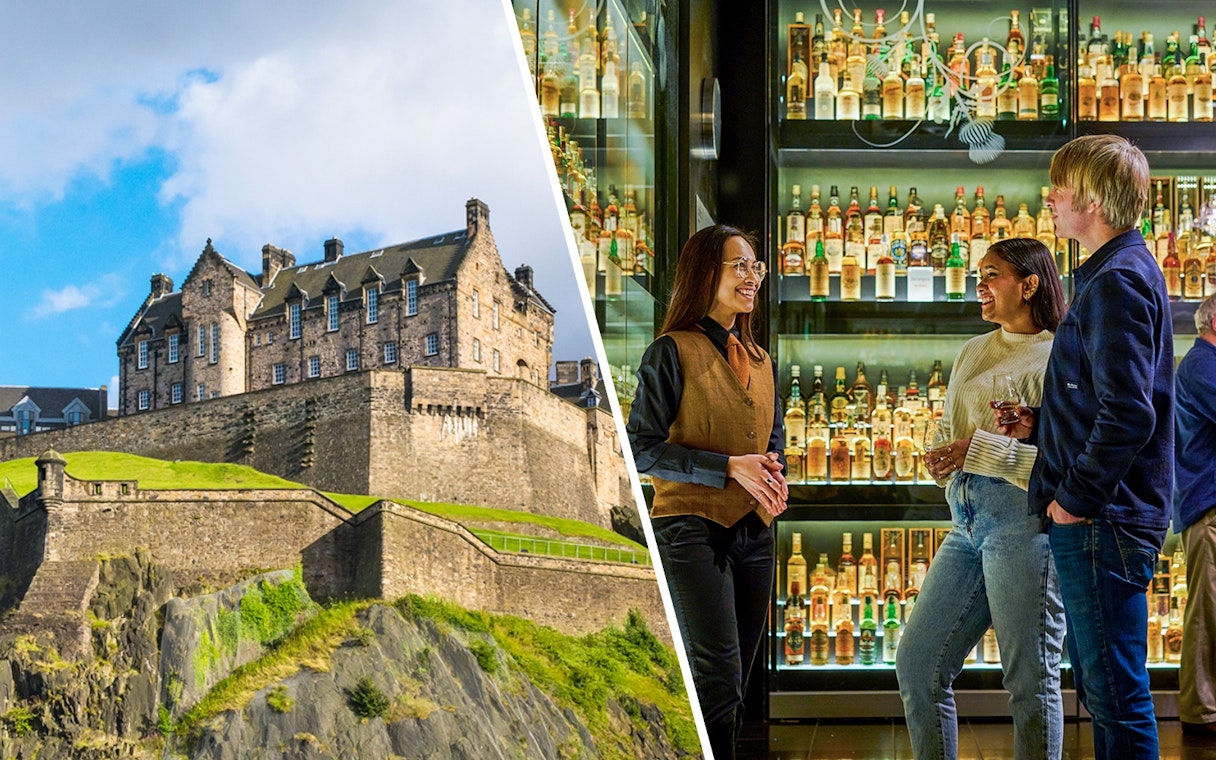 Edinburgh Castle on Castle Rock, Scotland, with visitors enjoying a whiskey tasting experience.