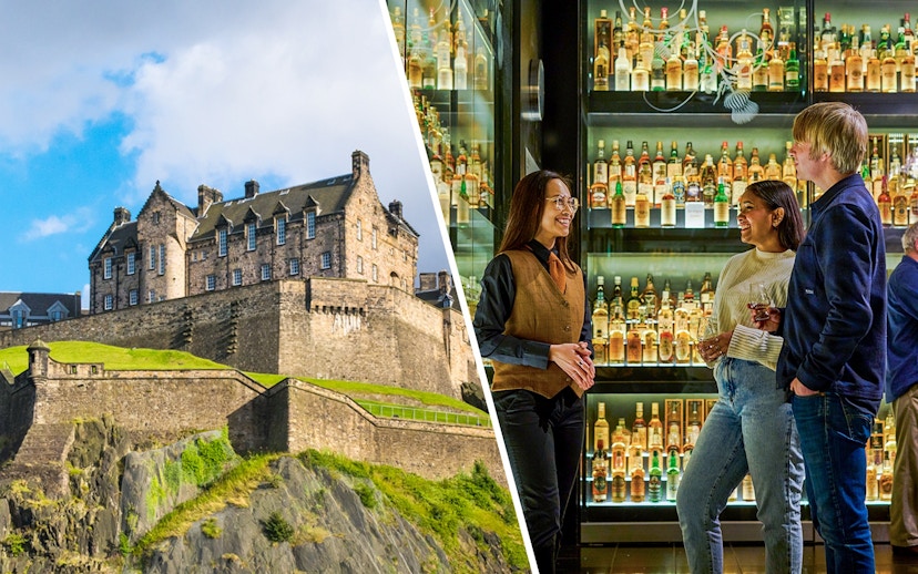 Edinburgh Castle on Castle Rock, Scotland, with visitors enjoying a whiskey tasting experience.