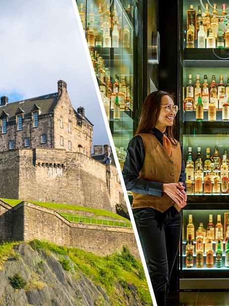Edinburgh Castle on Castle Rock, Scotland, with visitors enjoying a whiskey tasting experience.
