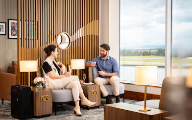 Guests relaxing at Turkish Airlines Lounge, Edinburgh Airport.