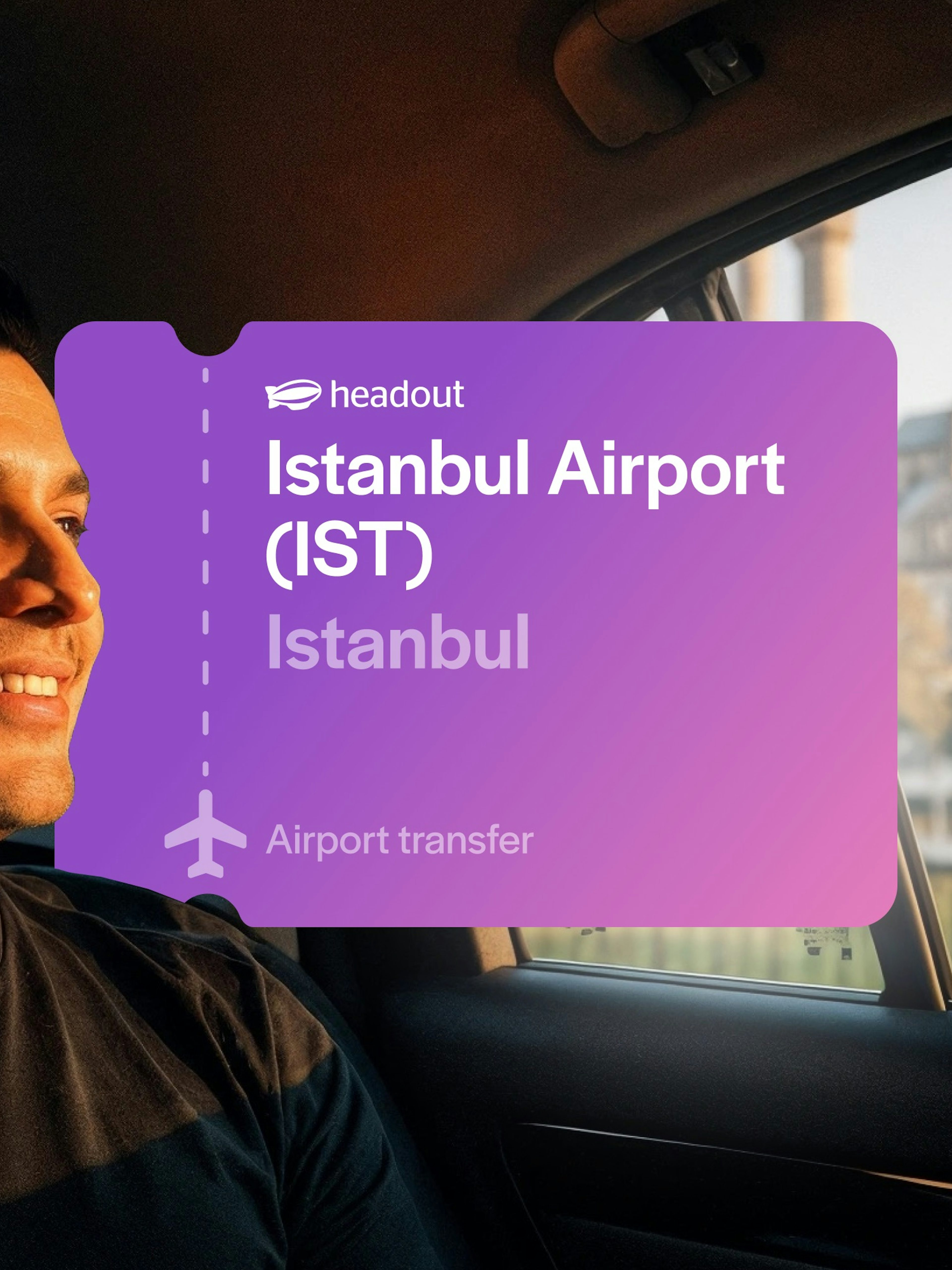 Man in car with Blue Mosque view, Istanbul airport transfer.