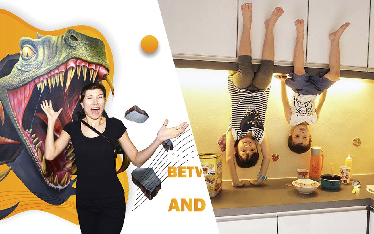 Illusion 3D Art Museum Melaka dinosaur exhibit and Upside Down House kitchen scene.