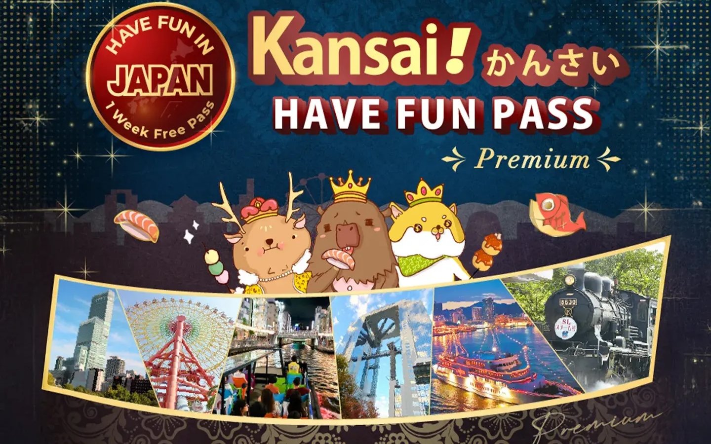 Kansai Premium Fun Pass with cartoon animals and images of Osaka attractions.