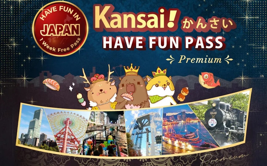Kansai Premium Fun Pass with cartoon animals and images of Osaka attractions.