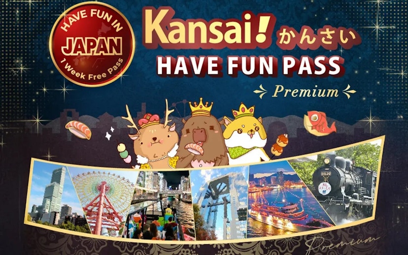 Kansai Premium Fun Pass with cartoon animals and images of Osaka attractions.