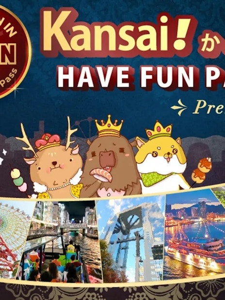 Kansai Premium Fun Pass with cartoon animals and images of Osaka attractions.