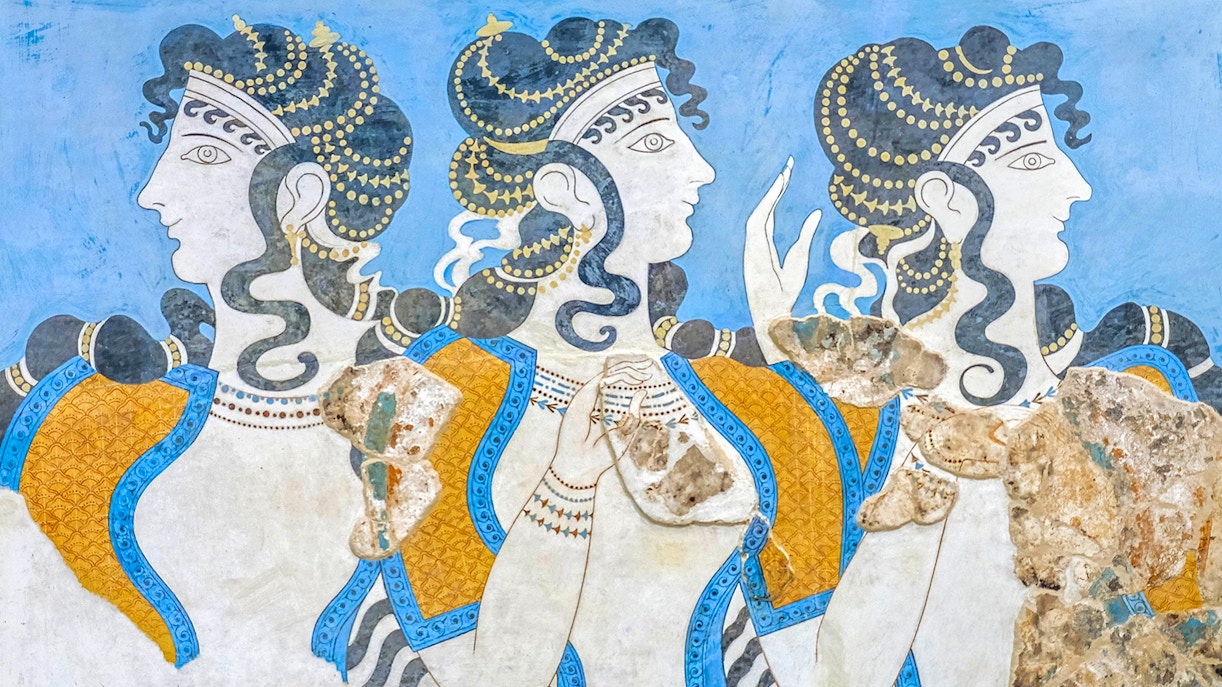 Ladies in Blue fresco at Heraklion Archaeological Museum, depicting three women in Minoan attire.