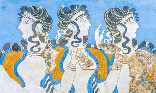 Ladies in Blue fresco at Heraklion Archaeological Museum, Crete, showcasing Minoan art.