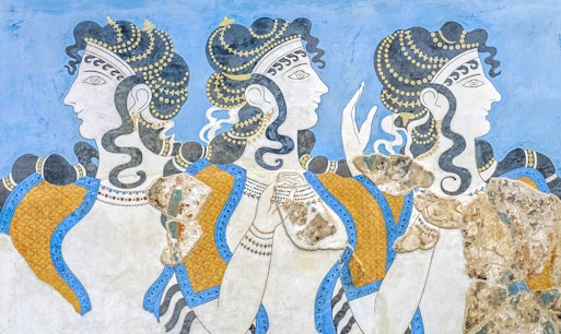 Ladies in Blue fresco at Heraklion Archaeological Museum, Crete, showcasing Minoan art.