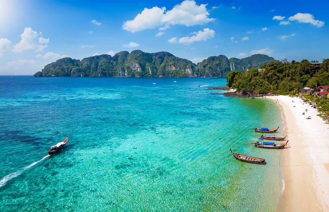 Aerial view of Long Beach, Phi Phi Islands with turquoise waters and lush greenery.