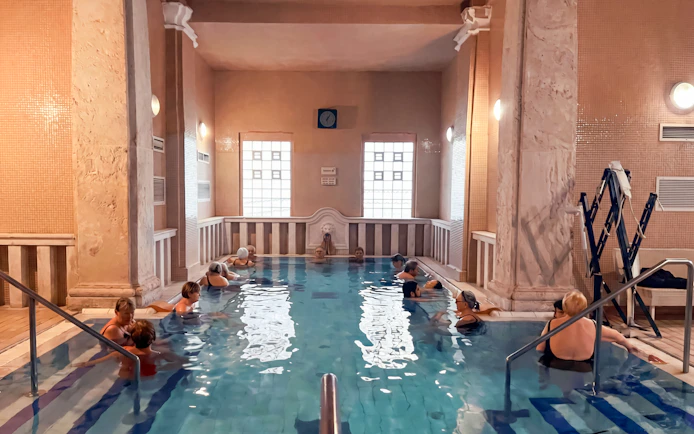 Visitors relaxing in the Lukács Thermal Bath in Budapest.