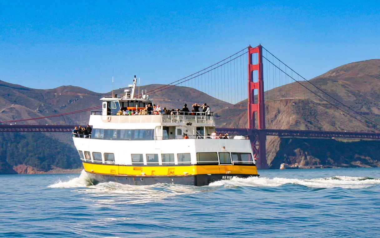 Ferry sailing near the Golden Gate Bridge in San Francisco.
