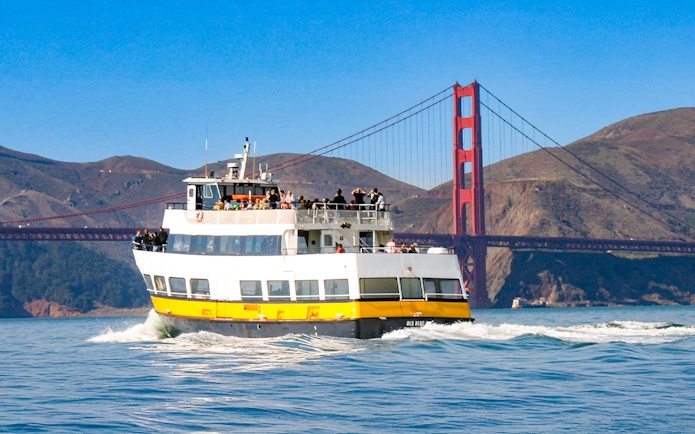 Ferry sailing near the Golden Gate Bridge in San Francisco.