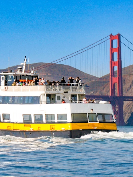 Ferry sailing near the Golden Gate Bridge in San Francisco.