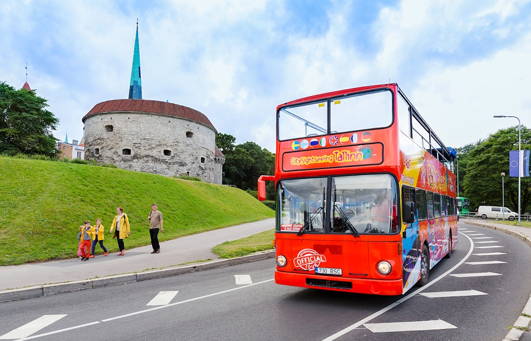 Hop on hop off bus near Fat Margaret tower in Tallinn.