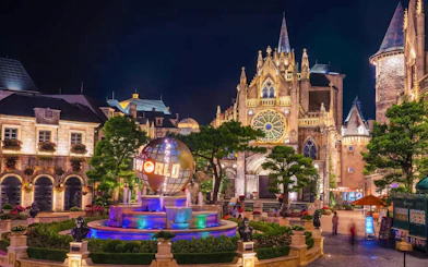 Sun World Globe fountain in French Village, Ba Na Hills, Da Nang, Vietnam at night.