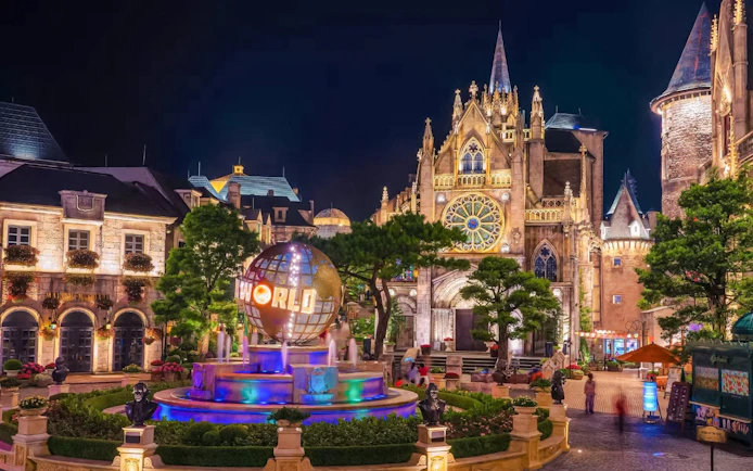 Sun World Globe fountain in French Village, Ba Na Hills, Da Nang, Vietnam at night.
