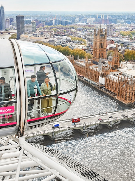London Eye capsule overlooking the River Thames and Houses of Parliament, London.