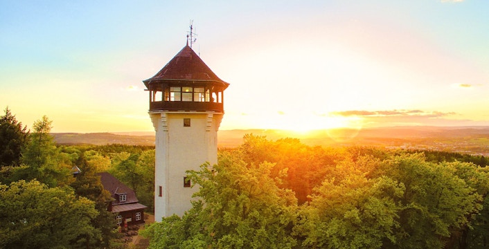 Diana Tower in Karlovy Vary surrounded by lush trees at sunset.