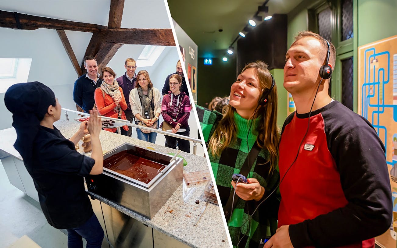 Chocolate-making demonstration and audio-guided tour at Choco Story Brussels.