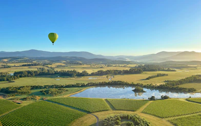 Hot air balloon over Yarra Valley vineyards at sunrise, with mountains in the background.