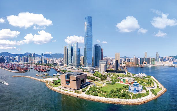 Hong Kong skyline with ICC Tower and Victoria Harbour.