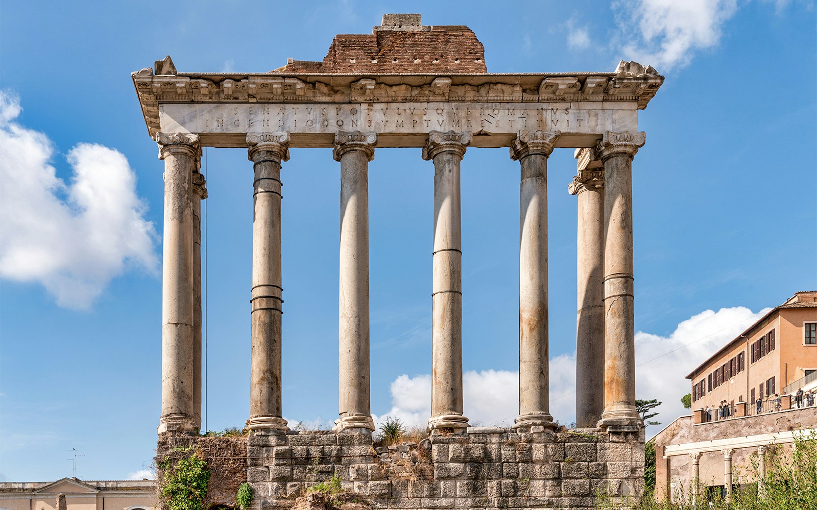 Ancient columns of the Temple of Saturn in the Roman Forum, Rome.