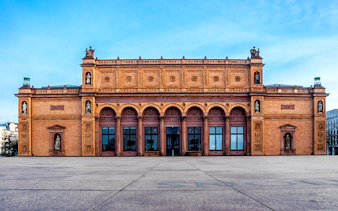 Hamburg Kunsthalle facade with arched windows and statues, Germany.