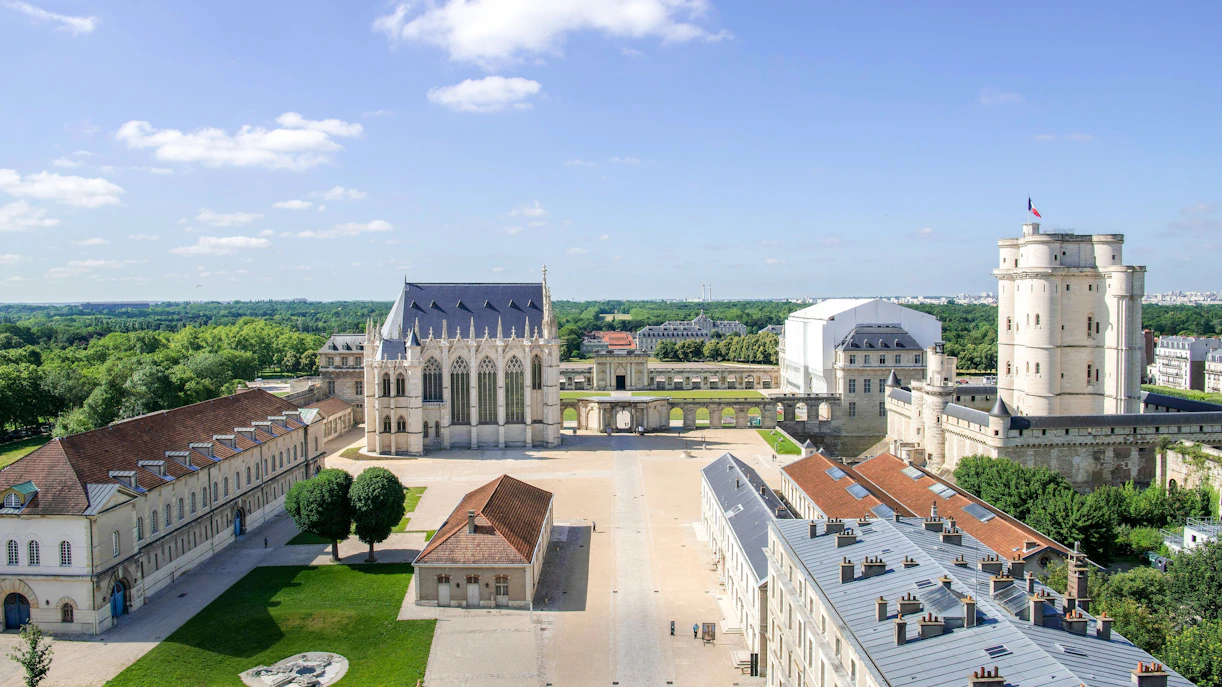 Château de Vincennes aerial view with medieval fortress and surrounding buildings in Paris, France.