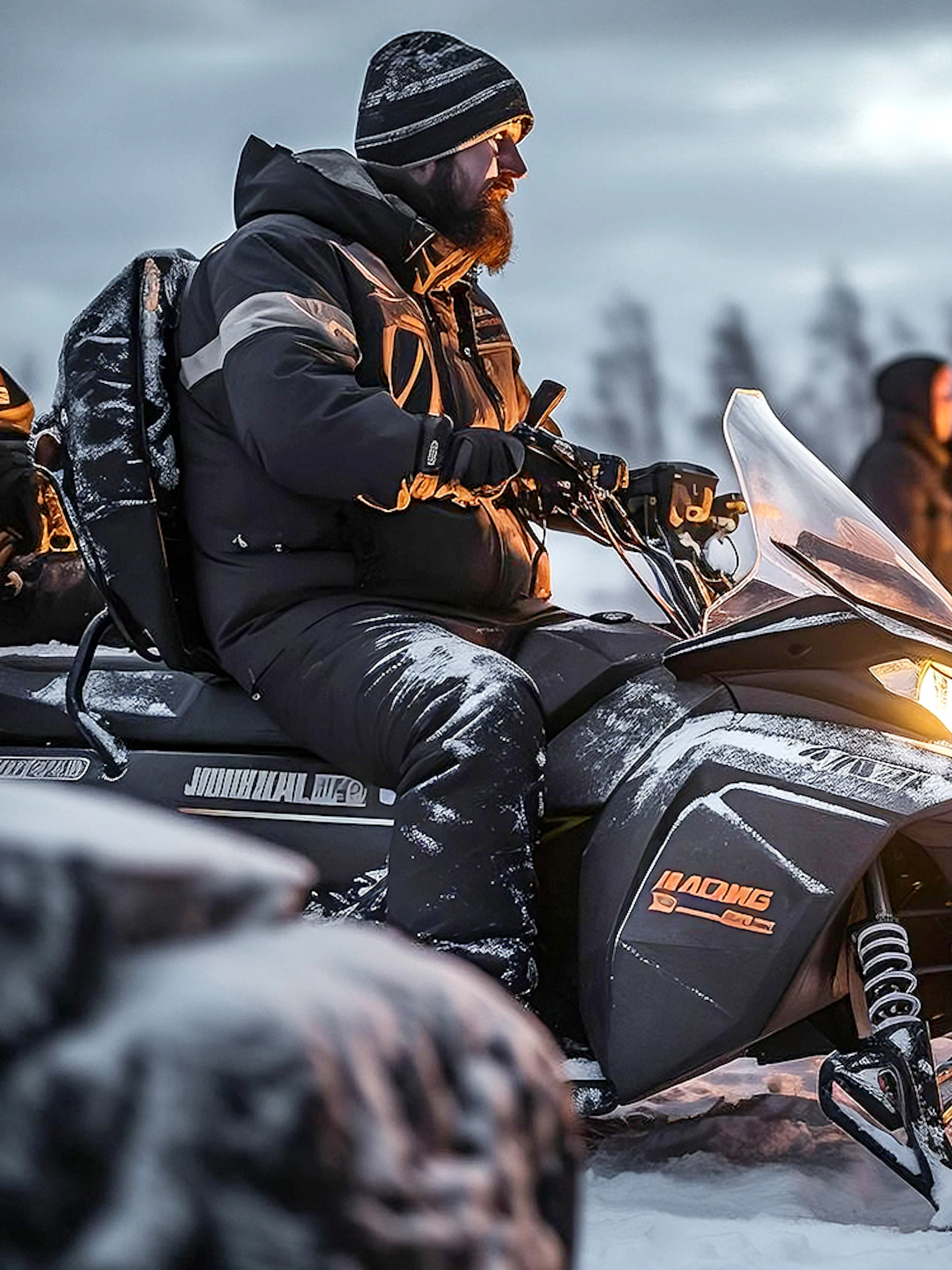 Snowmobile riders in Zakopane gather by a campfire during a winter tour.
