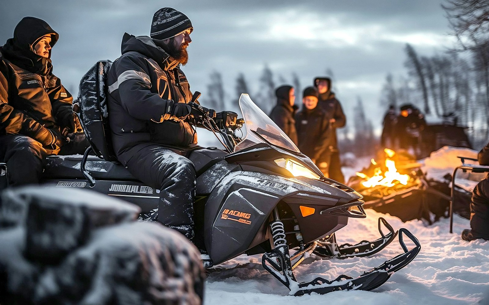 Snowmobile riders in Zakopane gather by a campfire during a winter tour.