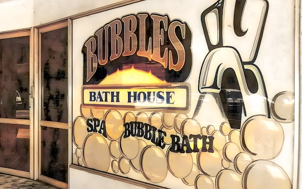 Sign for Bubbles Bath House in Fortitude Valley, featured on the True Crime Guided Tour.