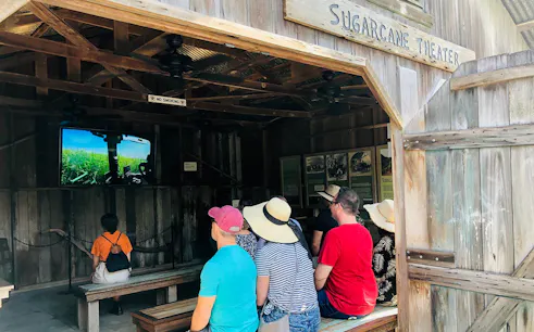 Visitors watching a sugarcane video at Oak Alley Plantation's Sugarcane Theater, New Orleans.