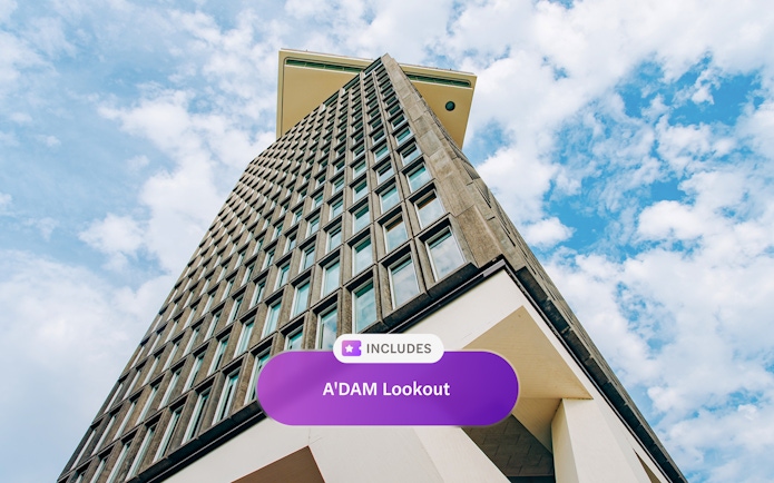 A'DAM Lookout tower against a cloudy sky in Amsterdam.