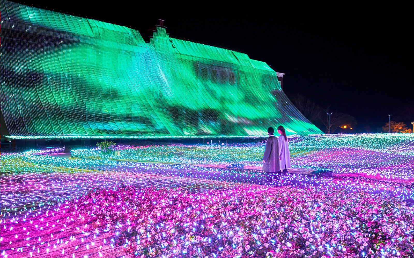 Huis Ten Bosch illuminated garden with colorful lights at night, Nagasaki, Japan.