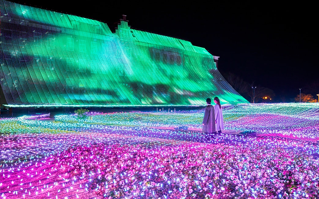 Huis Ten Bosch illuminated garden with colorful lights at night, Nagasaki, Japan.