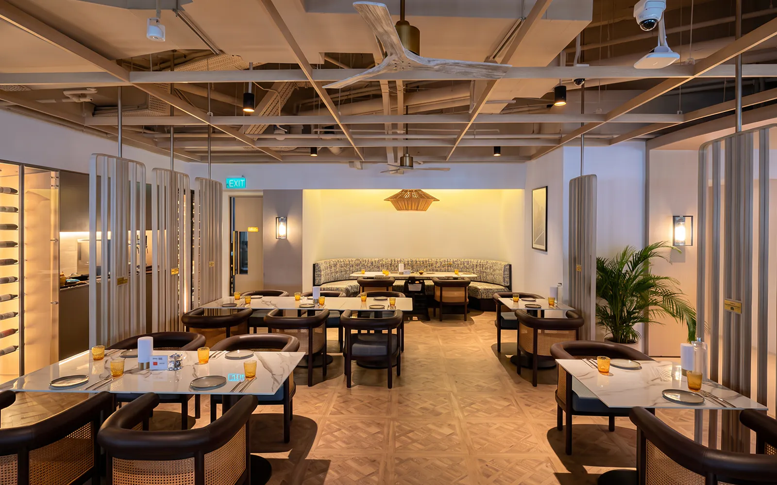 Dining area with modern decor at Marina, part of YachtCruiseSG Speedboat Cruise & Marina Dining Combo.