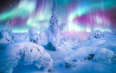 Snow-covered landscape under Northern Lights in Alaska.
