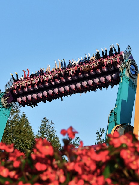 Riders upside down on a colorful thrill ride at Everland Theme Park, South Korea.