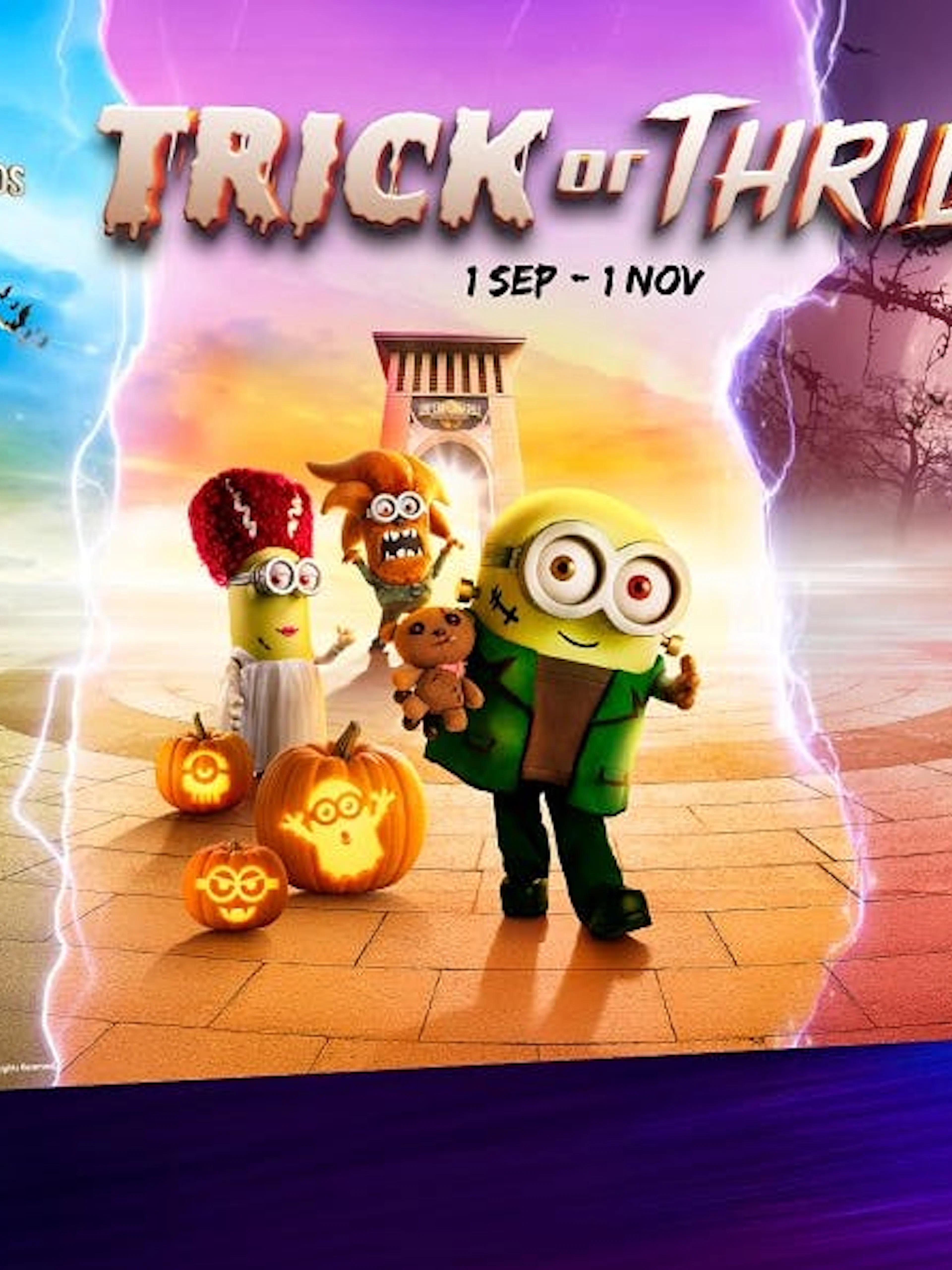 Universal Studios Singapore Trick or Thrills event with costumed characters and pumpkins.