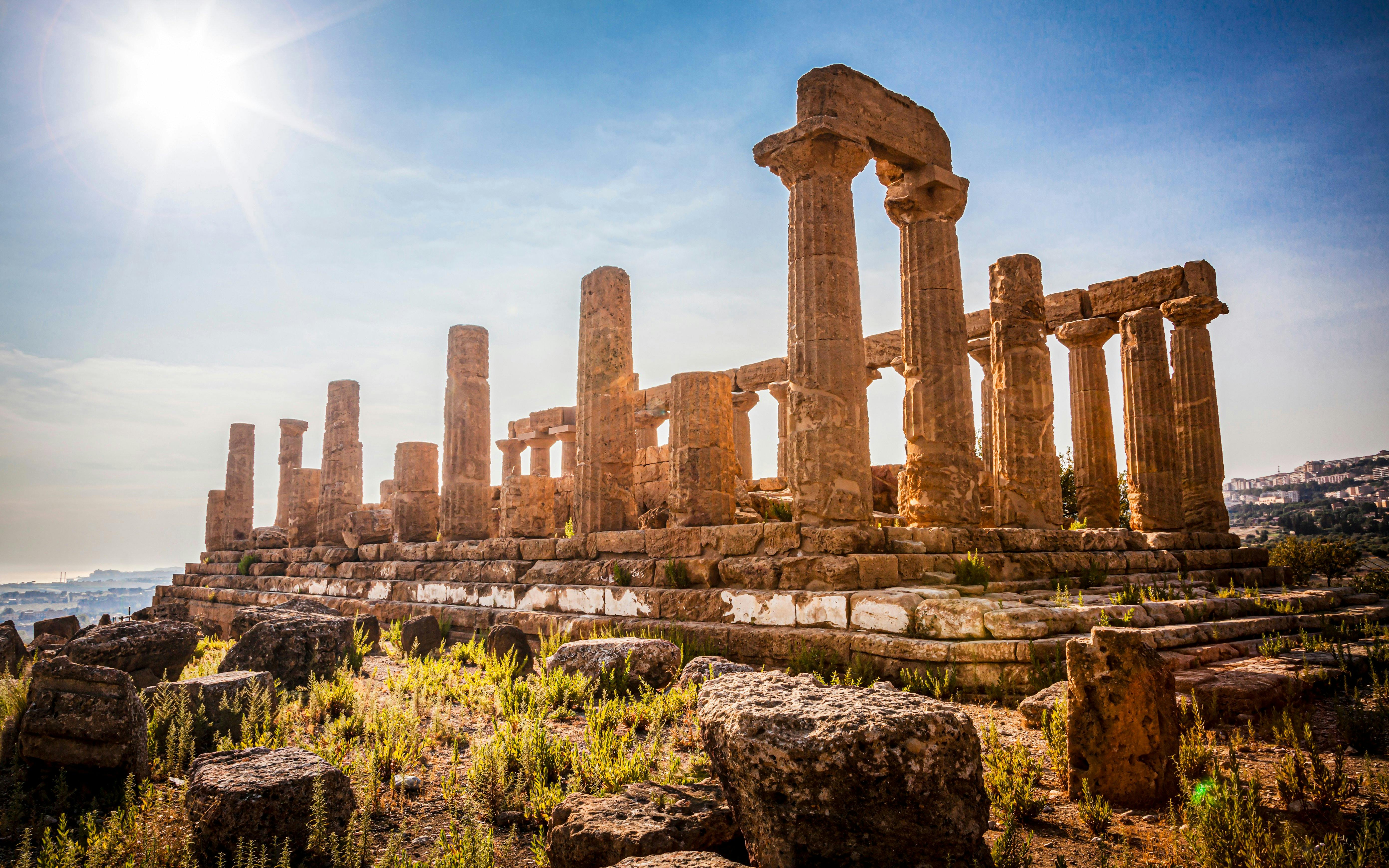 Ancient Greek temple ruins at Valley of the Temples, Agrigento, Sicily.