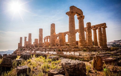 Ancient Greek temple ruins at Valley of the Temples, Agrigento, Sicily.