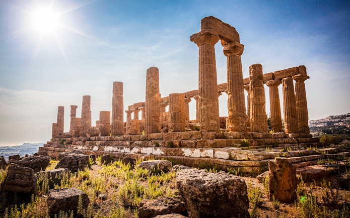 Ancient Greek temple ruins at Valley of the Temples, Agrigento, Sicily.