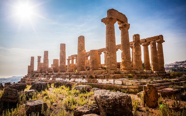 Ancient Greek temple ruins at Valley of the Temples, Agrigento, Sicily.