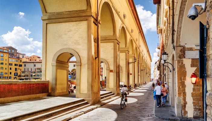 Vasari Corridor arches along the street near Uffizi Gallery, Florence.