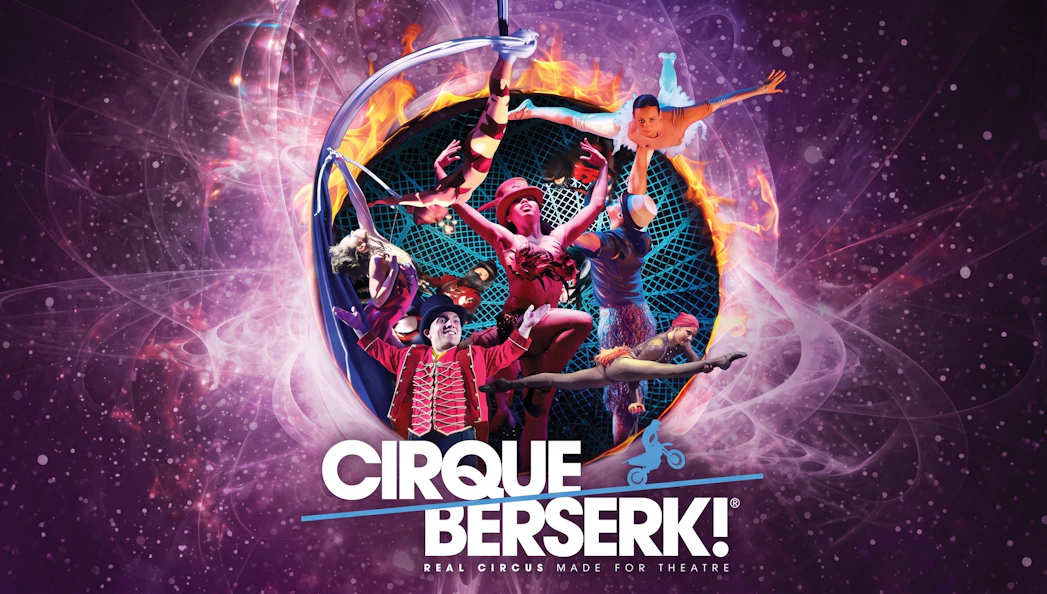 Acrobats performing at Cirque Berserk! show in Westend with vibrant costumes and dynamic poses.