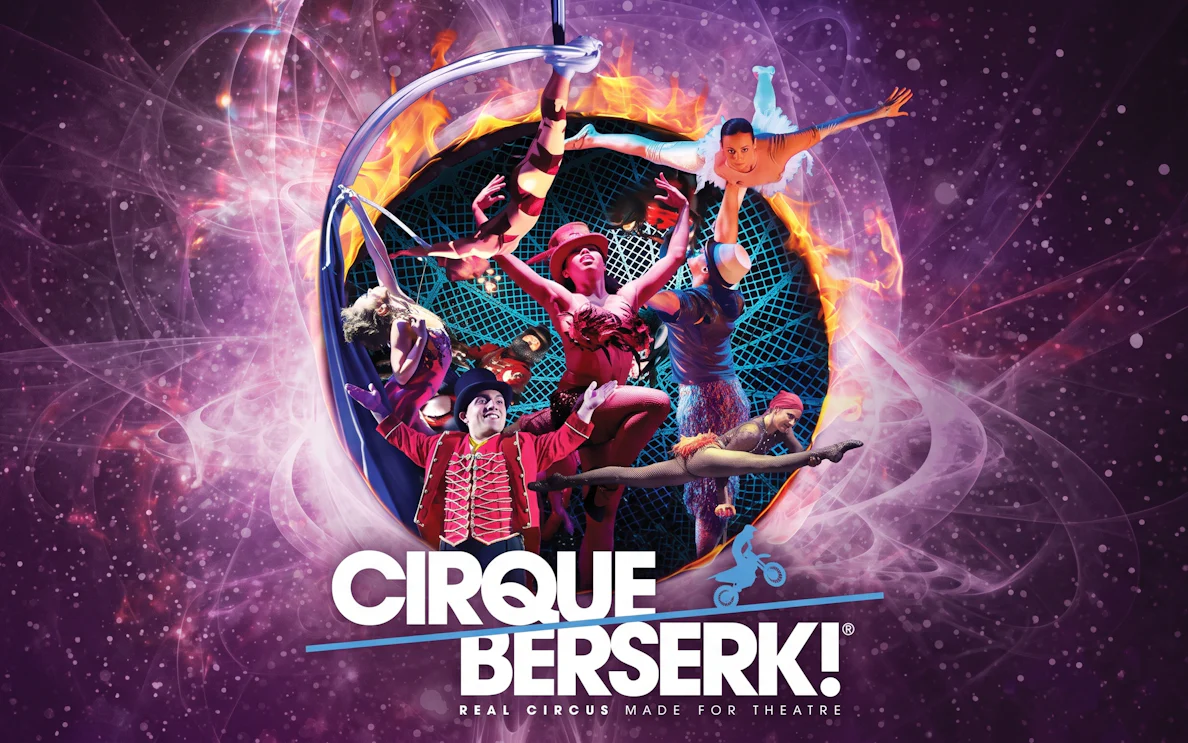 Acrobats performing at Cirque Berserk! show in Westend with vibrant costumes and dynamic poses.
